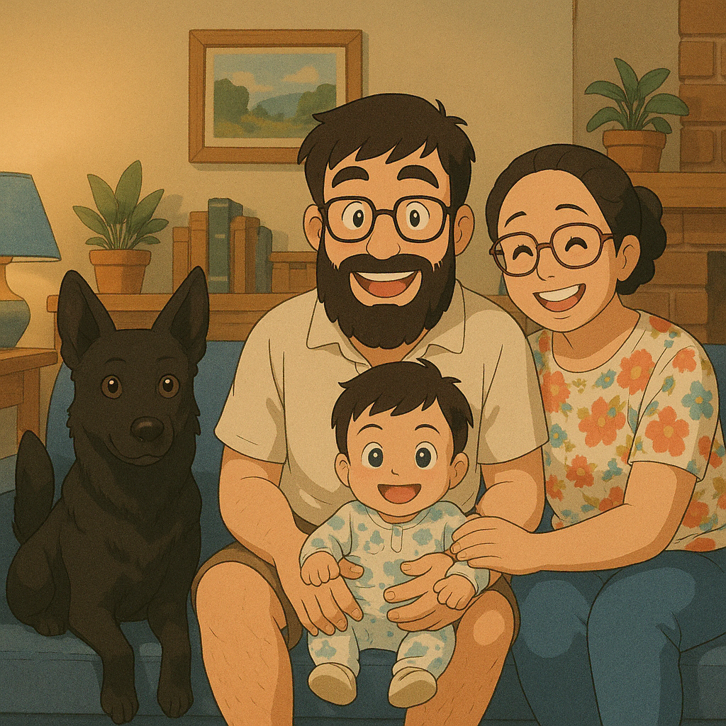 Agam with family and Luna the dog
